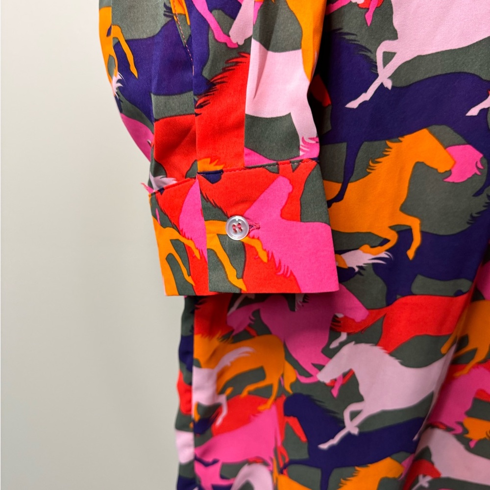 Women's Long Sleeve Button-Front Shirt Dress in Multi Horse Print - Picture 4 of 7